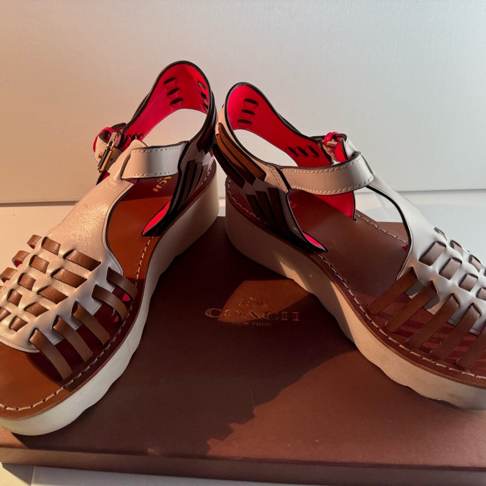 Coach Women's White and Tan woven sandals.
